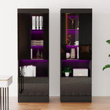 AMERLIFE 2 Piece 5-Tier High Gloss LED Lights Bookcase with Glass Doors, 71" Tall Modern Bookshelf Display Storage Cabinet Set of 2 with Adjustable Glass Shelves for Living Room, Office, Black AMERLIFE