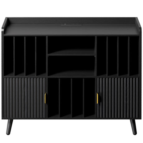 IRONCK Record Player Stand, Vinyl Record Storage with Power Outlet and Blister Door, Vintage Record Cabinet for Living Room, Music Room, Office, Black IRONCK