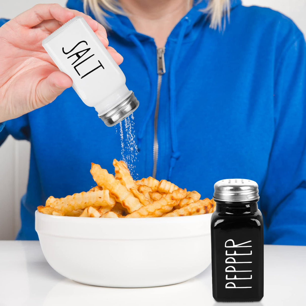 2 Pack Salt and Pepper Shakers Set, Glass Shaker with Stainless Steel Lid, Modern and Cute Farmhouse (Black and White) PECULA