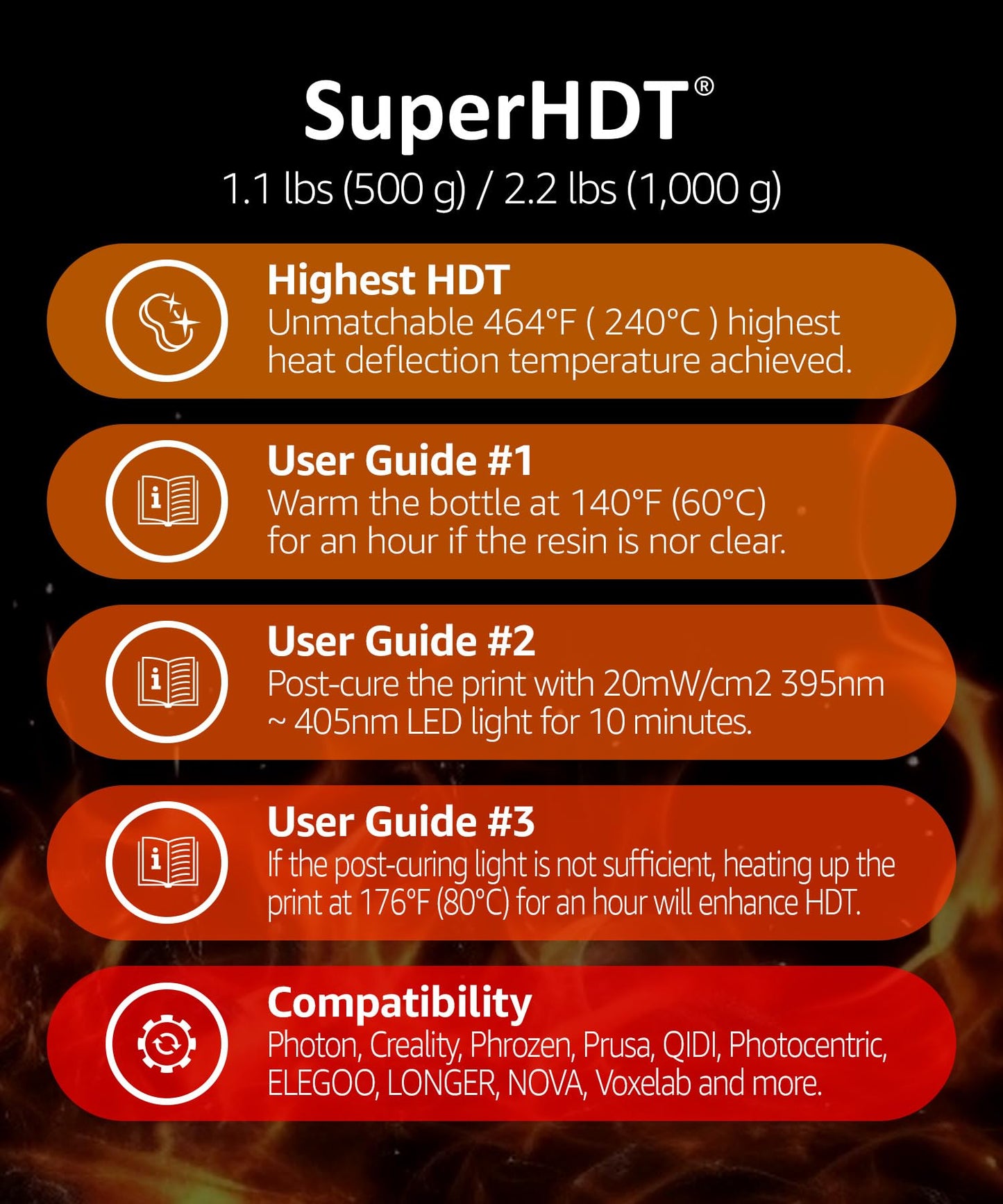 SuperHDT 3D Printer Resin, Highest Heat Deflection Temperature 464°F (240°C), Made in Korea by 3DMaterials (500g, Amber)