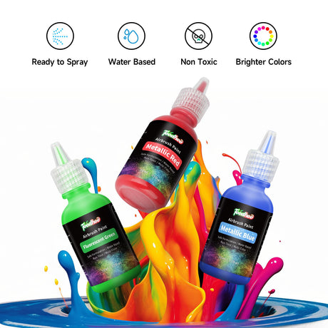 FOODHOO Airbrush Paint 24 Colors, Water Based Airbrushing Paint, Acrylic Paints for Airbrush with 2 Thinner, 1 Lubricant and 1 Cleaner, Bright Air Brush Paint for Metal, Models, Canvas, Wood, 30ml FOODHOO