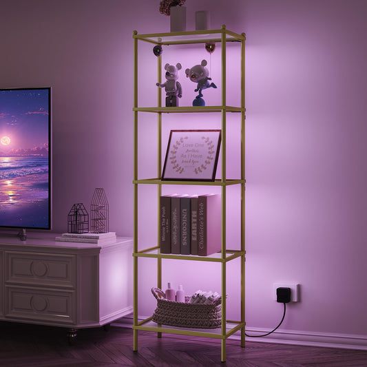 Hzuaneri Gold Tempered Glass Bookcase with LED Lighting – 5 Tier Slim Shelving Unit - WoodArtSupply