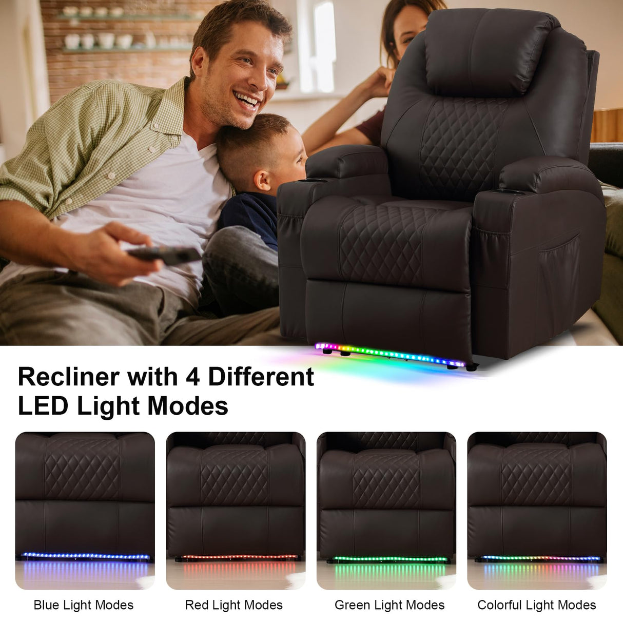 AHMED Power Recliner Chair with Vibration Massage & Heat for Adults, Faux Leather Home Theater Seating with Cup Holders/LED Lights/USB Ports/Side Pockets for Living Room, Brown AHMED