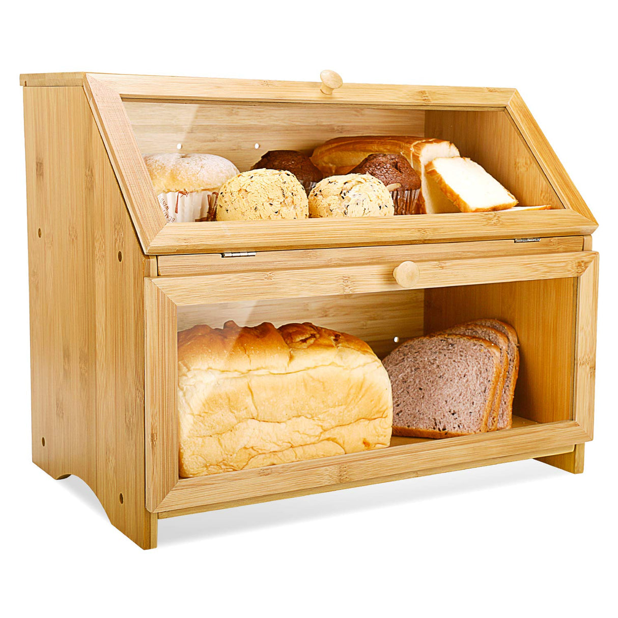 HOMEKOKO Double Layer Large Bread Box for Kitchen Counter, Wooden Large Capacity Bread Storage Bin (Natural Bamboo) HOMEKOKO
