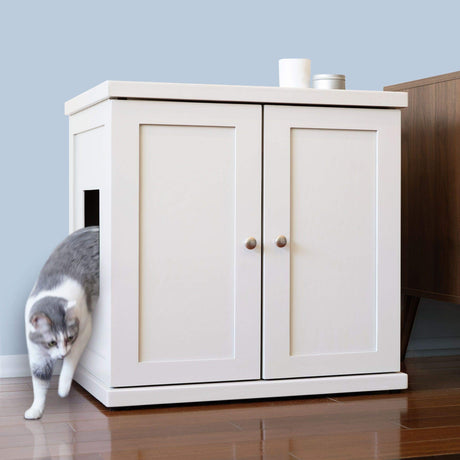 THE REFINED FELINE Cat Litter Box Enclosure Cabinet, Modern, White, Adjustable Levelers, Large, Hidden Litter Cat Furniture with Drawer THE REFINED FELINE