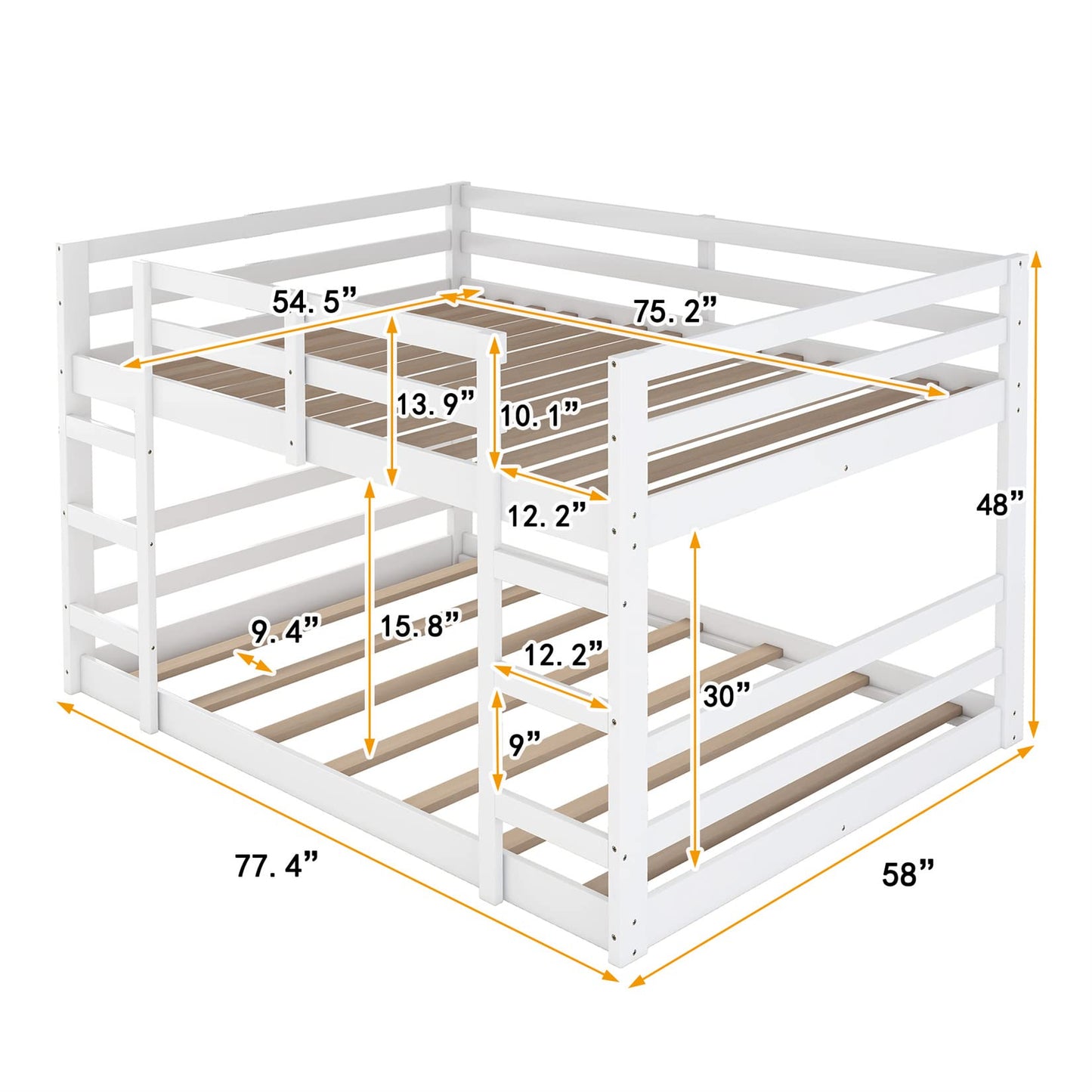 Bellemave Low Profile Full Over Full Bunk Bed Frame with Ladder for Kids and Teens, White - WoodArtSupply