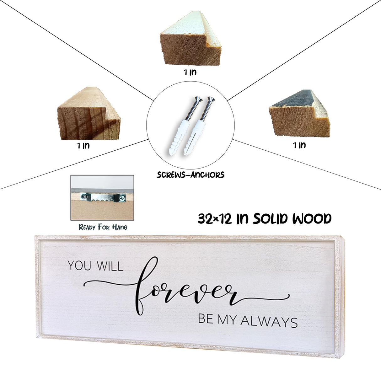 You Will Forever Be My Always Sign Wall Decor 32”X12” Bedroom Above Bed Farmhouse Large Master Room Soild Wooden Framed Home Rustic Guest Room Minimalist Over Bed Hanging Art Wall (White) Surfapans