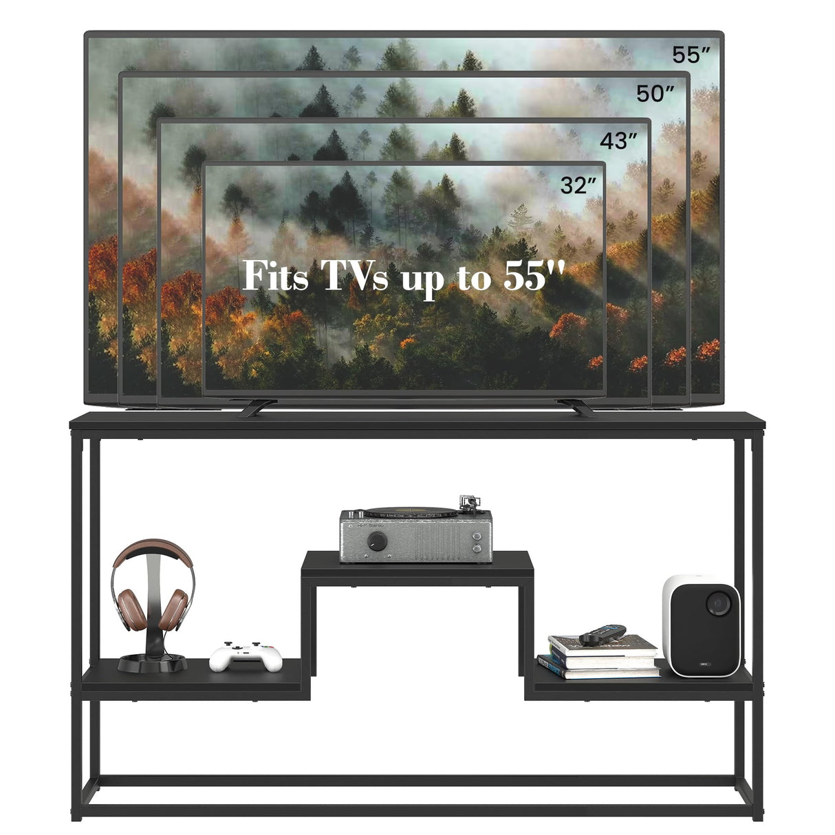 YOUDENOVA TV Stand for TVs up to 55 Inch, TV Console Table with 3-Tier Open Storage Shelves, Modern Industrial Entertainment Center for Living Room, Bedroom, Black YOUDENOVA