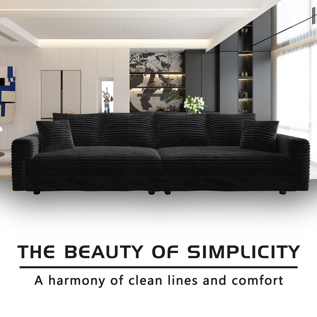 Tabaray 102.4" Oversized Cloud Couch, Convertible 4 Deep Seat Foam Sofa Couch, 2 in 1 Plush Corduroy Sofa with 6 Soft Pillows, Modern Modular Sectional Couches for Living Room, Apartment, Black Tabaray