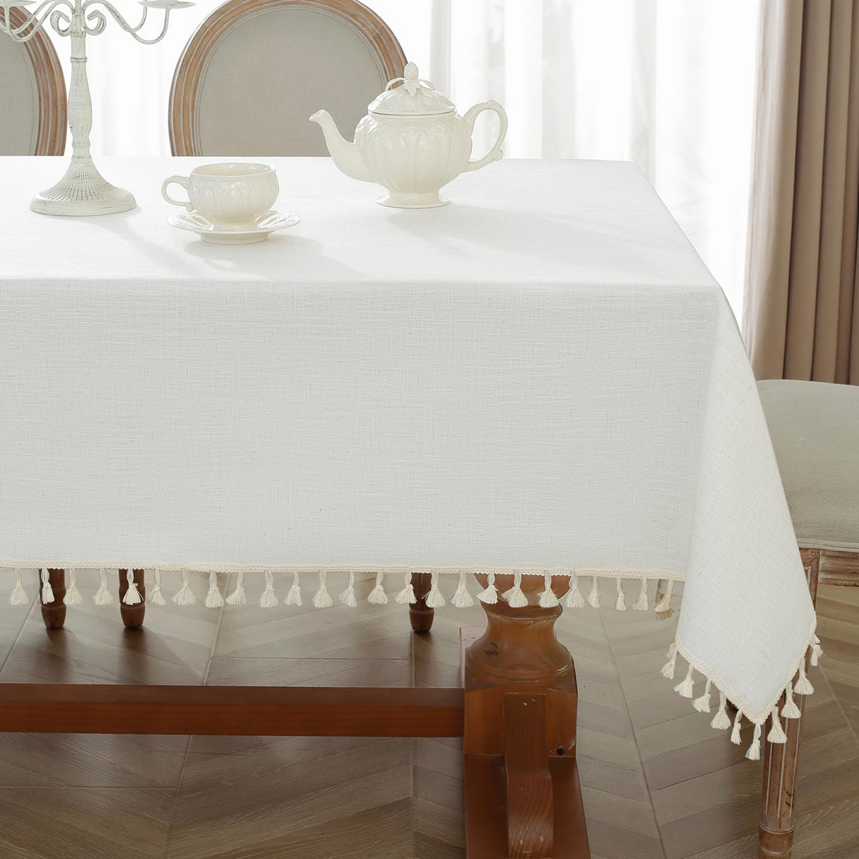 Alsoo Table Cloth Rectangle Table Heavy Duty Cotton Linen Texture Tablecloth Farmhouse Waterproof Wrinkle Free Table Cover with Ivory Tassel for Kitchen Dining Holiday Party, Ivory, 55" x 75" Alsoo