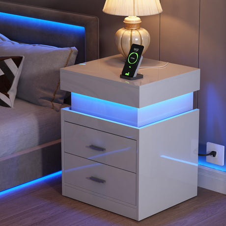 ChooChoo LED Nightstand with Charging Station, Smart Night Stand with Sliding Top Storage, 2-Drawers High Gloss Bedside Table, Modern End Table for Bedroom,White ChooChoo