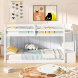 Giantex Twin Over Twin Bunk Bed with Stairs, Solid Wood Floor Bunk Bed with Storage Staircase & Full-Length Guardrails, Low Bunk Bed with for Kids, Teens, Adults, Dorm, Small Space, White Giantex