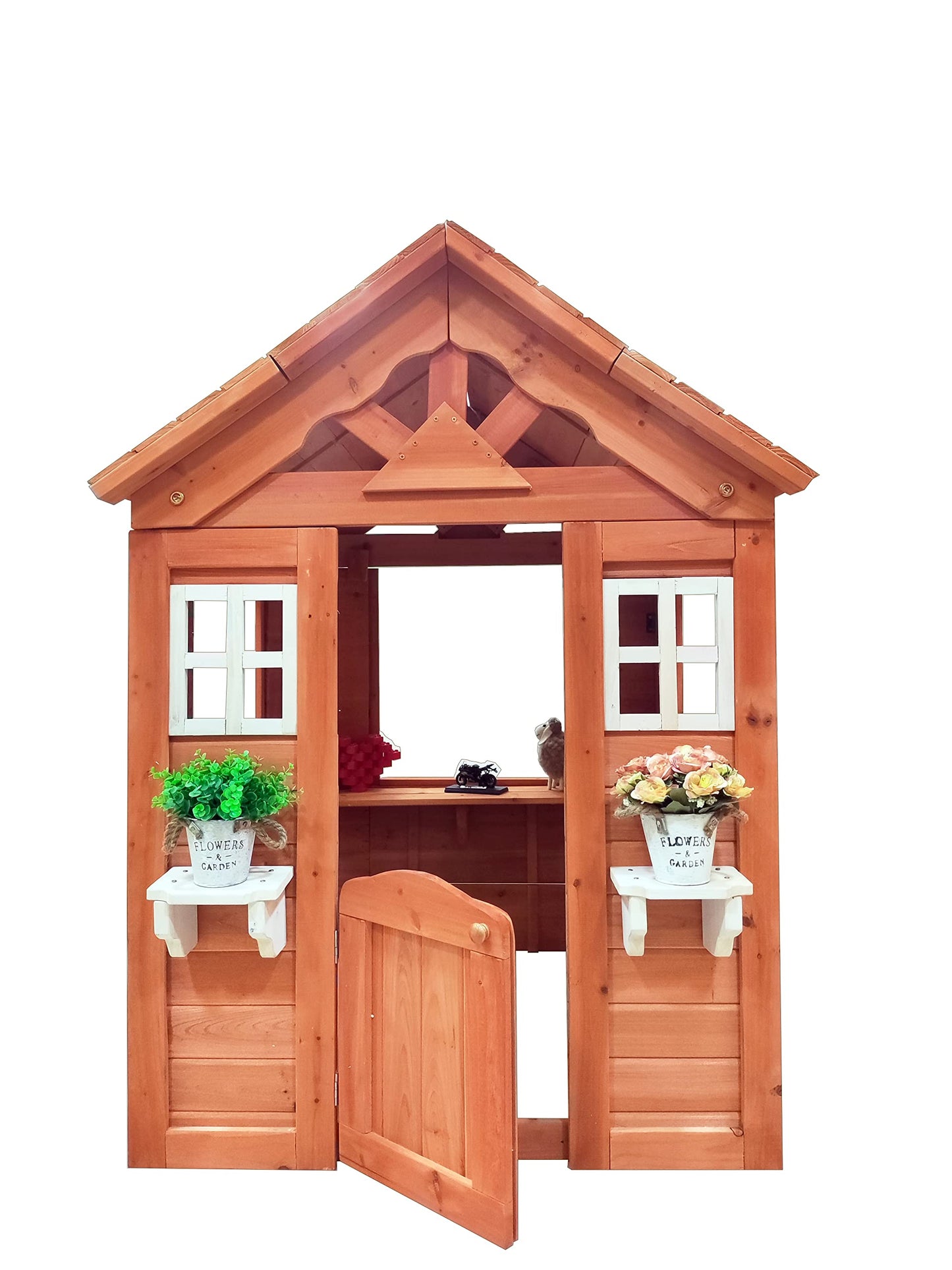 Wooden Playhouse for Age 3-6 Years Boy Girl, Outdoor Cottage Playhouse with Door, 2 Windows, 3 Serving Station, Shelf & Flowerpot Holder, Outdoor