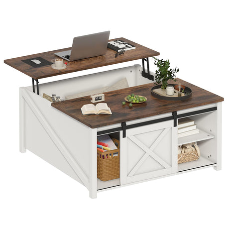 PUKAMI Lift Top Coffee Table with Storage, 31.5" Farmhouse Coffee Table for Living Room, Square Coffee Tables with Large Hidden Storage and Sliding Barn Doors, White PUKAMI