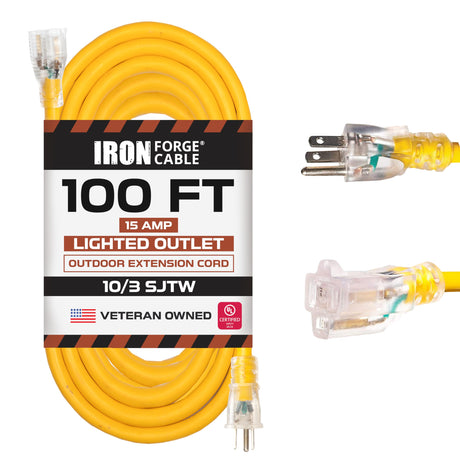 Iron Forge Cable 100 Foot Lighted Outdoor Extension Cord - 10/3 SJTW Yellow 10 Gauge Extension Cable with 3 Prong Grounded Plug for Safety, 15 AMP - Great for Garden and Major Appliances IRON FORGE CABLE