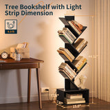 Yoobure Tree Bookshelf with LED Light, 6 Tier Book Shelf, Small Bookcase Narrow Bookshelves with Storage, Wood Book Case Organizer for CDs/Books, Floor-Standing Rack for Bedroom, Office, Black Yoobure