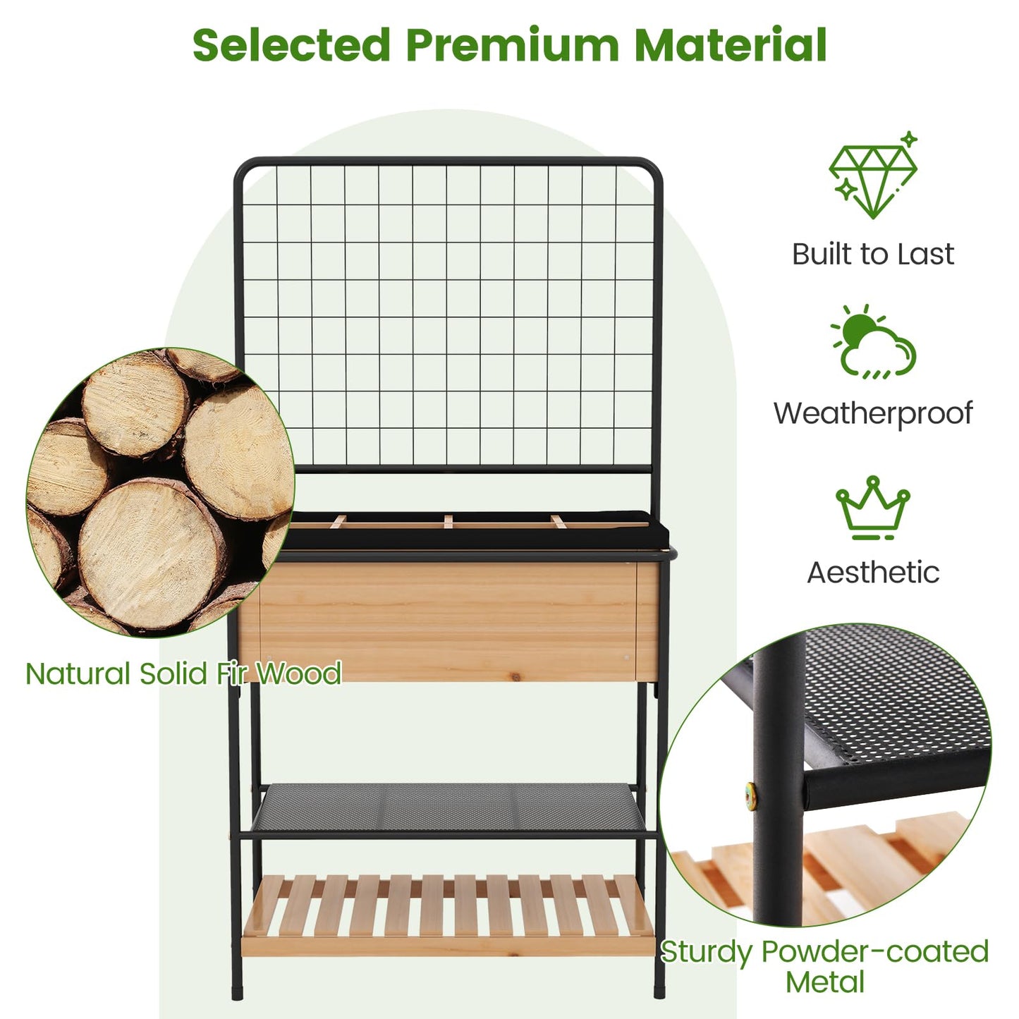 HAPPYGRILL Outdoor Raised Garden Bed, 59” Wooden Elevated Planter Box w/Open Storage Shelves, Removable Grid Divider, Drain Holes & Black Liner, Raised Garden Bed w/Legs & Trellis for Vegetables