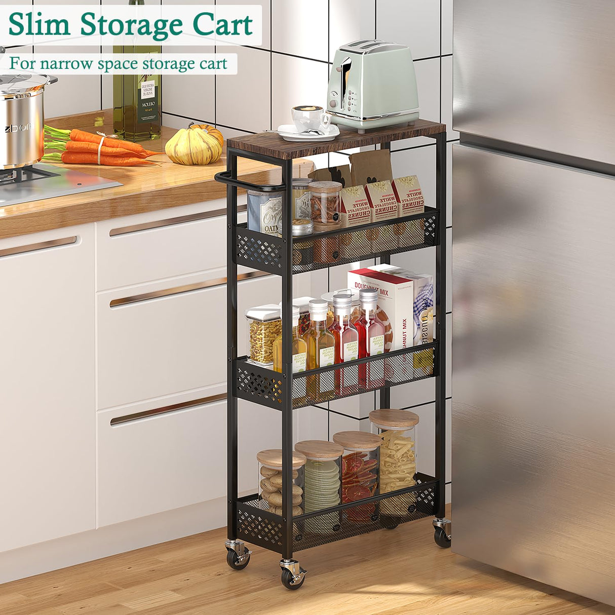 XYZLVSI Slim Storage Cart 4 Tier Narrow Kitchen Rolling Cart on Wheels for Small Space, Mobile Utility Cart Shelving Unit with Wooden Top and Metal Handle for Kitchen, Bathroom, Laundry Room XYZLVSI
