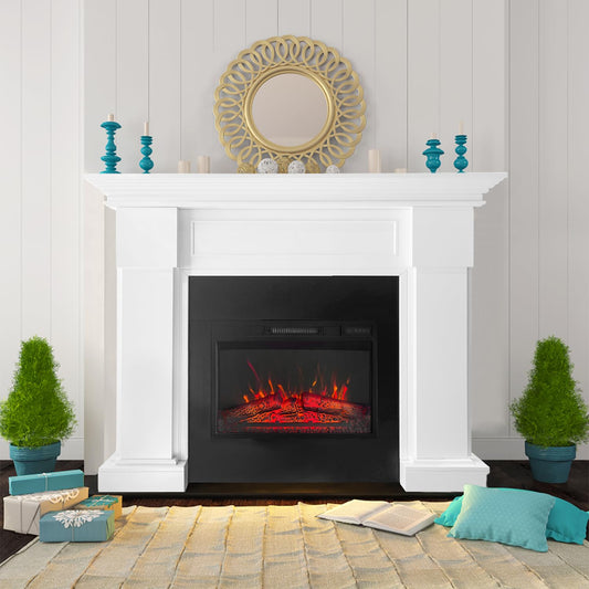 55" White Electric Fireplace with Mantel, Elegant Heater for Living Room or Bedroom, Complete with Remote Control and LED Flame Effects