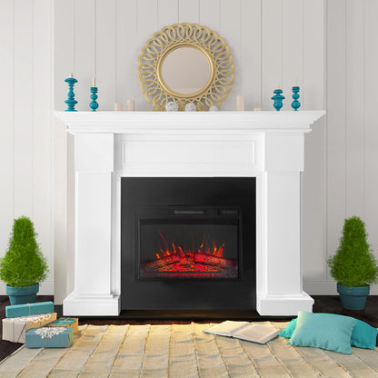 48" White Electric Fireplace with Mantel, Elegant Heater for Living Room or Bedroom, Complete with Remote Control and LED Flame Effects