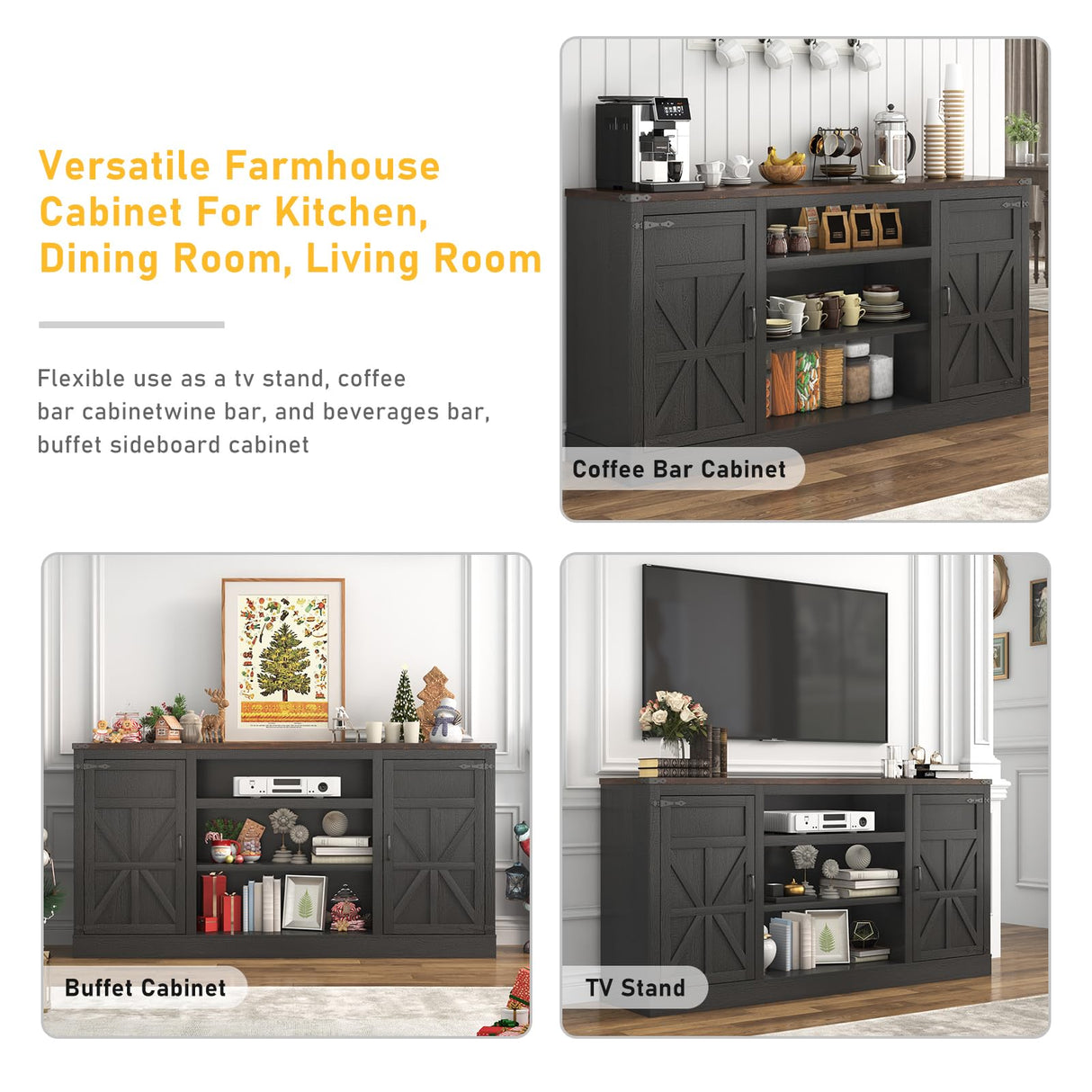 Hlivelood 66" Farmhouse TV Stand with Power Outlets for 75 65 Inch TVs, 33" Tall Entertainment Center with Storage Cabinets w/Adjustable Shelves, Rustic Large TV Media Console for Living Room, Black Hlivelood