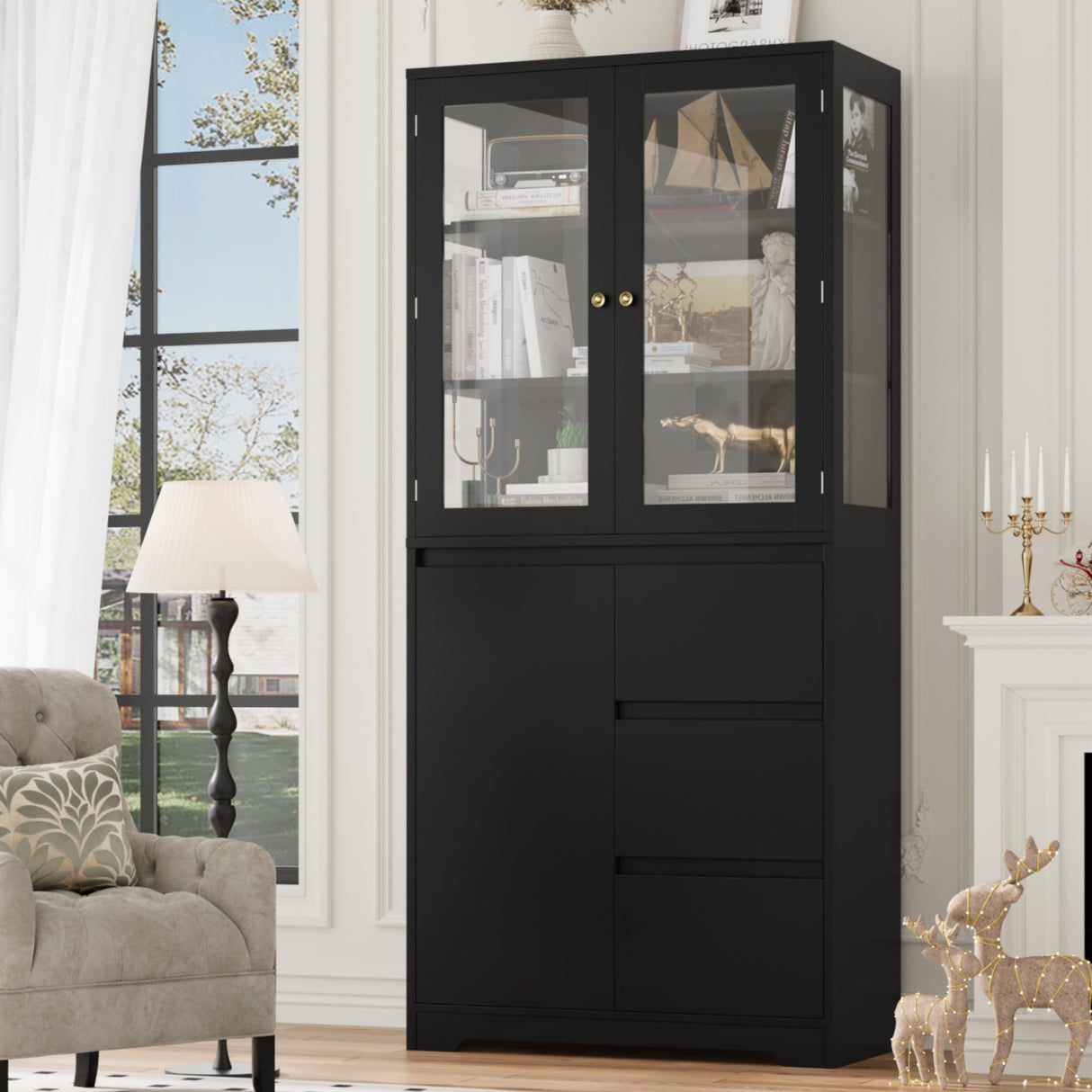 HIFIT 71" Tall Display Bookcase with HD Glass Doors, 3 Drawers Bookshelf with Storage for Home Office, Modern China Curio Cabinet Glass Display Case for Collectibles, Clinic, Dining Living Room, Black HIFIT