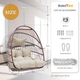 BULEXYARD Hanging Egg Chair Without Stand 350lbs Capacity, Brown Wicker Swing Egg Chair with Beige Cushion for Indoor/Outdoor Patio Porch Balcony, Foldable Hammock & Tree/Ceiling/Beam Mount BULEXYARD