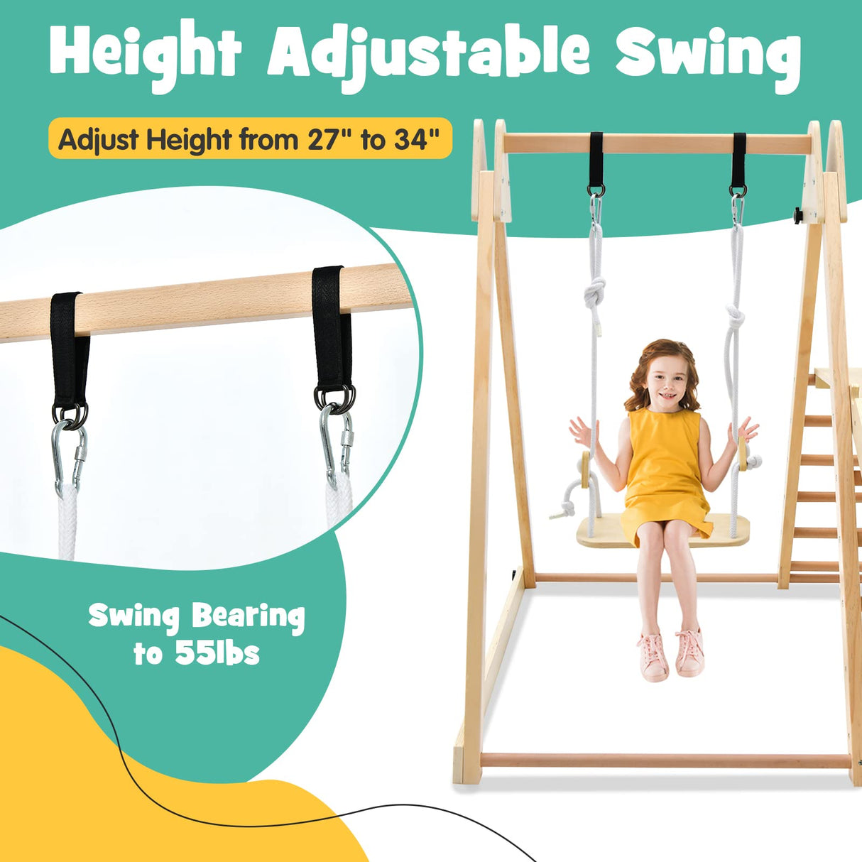 OLAKIDS Toddlers Triangle Climbing Set, 4 in 1 Foldable Kids Wood Montessori Climber Ladder with Ramp, Slide and Swing, Indoor Playground Jungle Play Gym Structure for Boys Girls Olakids