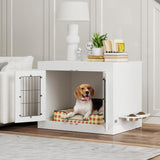 PawHut Dog Crate Furniture w/ 360° Rotatable Removable Dog Bowls, Dog Kennel Furniture w/Two Doors, Non-Slip Foot Pads, Furniture Dog Crate End Side Table for Medium Dogs, 31.5" x 24" x 25", White PawHut