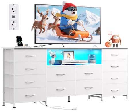 WLIVE White Dresser for Bedroom, Dresser TV Stand for 65, 70, 75 inch TV with Led Lights & Charging Station, Fabric Chest of Drawers with Open Shelves, 12 Drawer Dressers for Closet, Living Room WLIVE