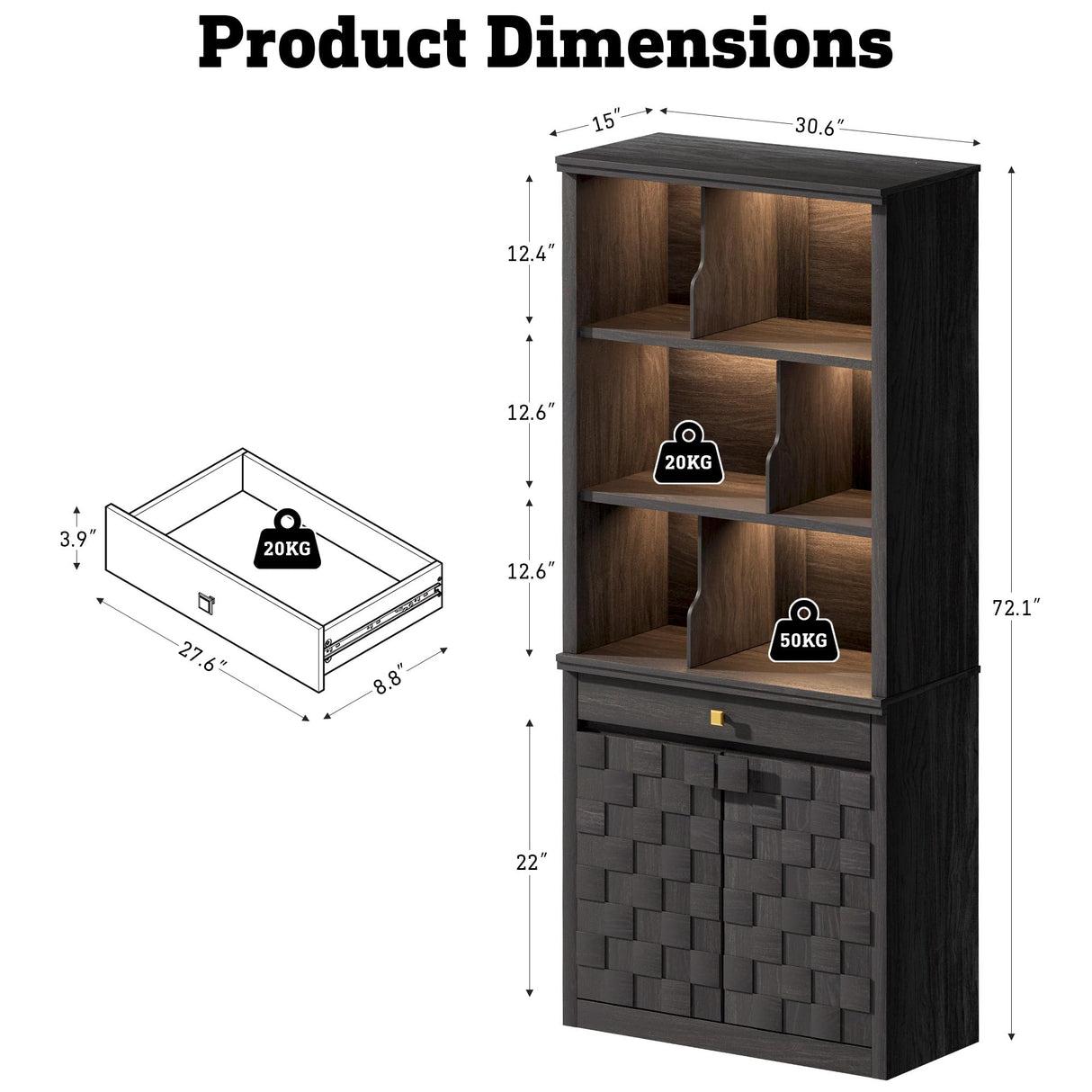 STO'SENSE 72.2" Tall Bookshelf & Bookcase with LED Lights, 6-Tier Bookshelf with Drawer and Open Shelves, Modern Display Storage Cabinet with Doors for Home Office, Living Room, Bedroom (1 Piece) STO'SENSE