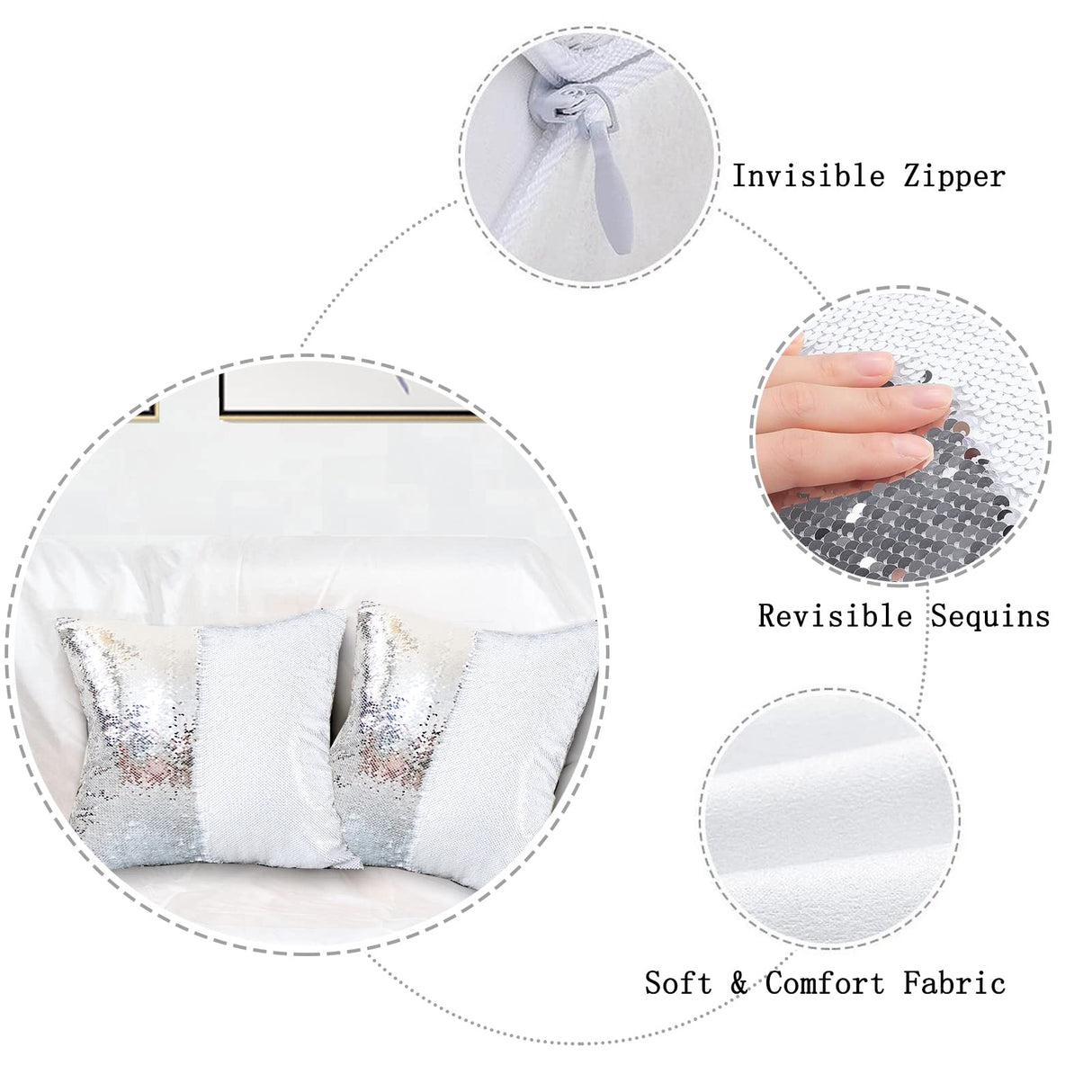 HMQIANG Sequin Pillow Covers 16''x16'' Set of 2 Silver Flip Glitter Reversible Personalized Sublimation Blanks DIY Printing Cushion Pillow Cases for Couch HMQIANG