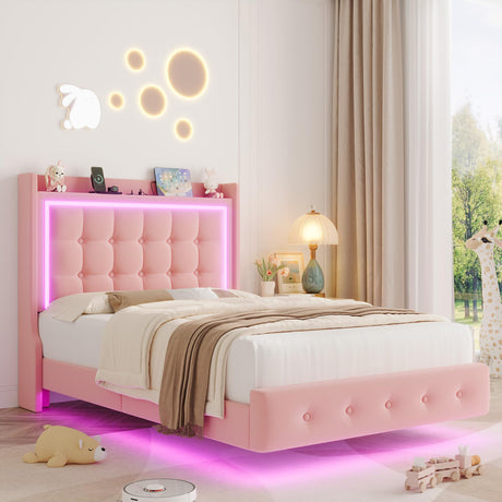 Keyluv Upholstered Twin Floating Bed Frame with RGB LED Lights and Charging Station, Velvet Platform Bed with Button Tufted Storage Headboard, Type-C & USB Charging Ports, No Box Spring Needed, Pink Keyluv