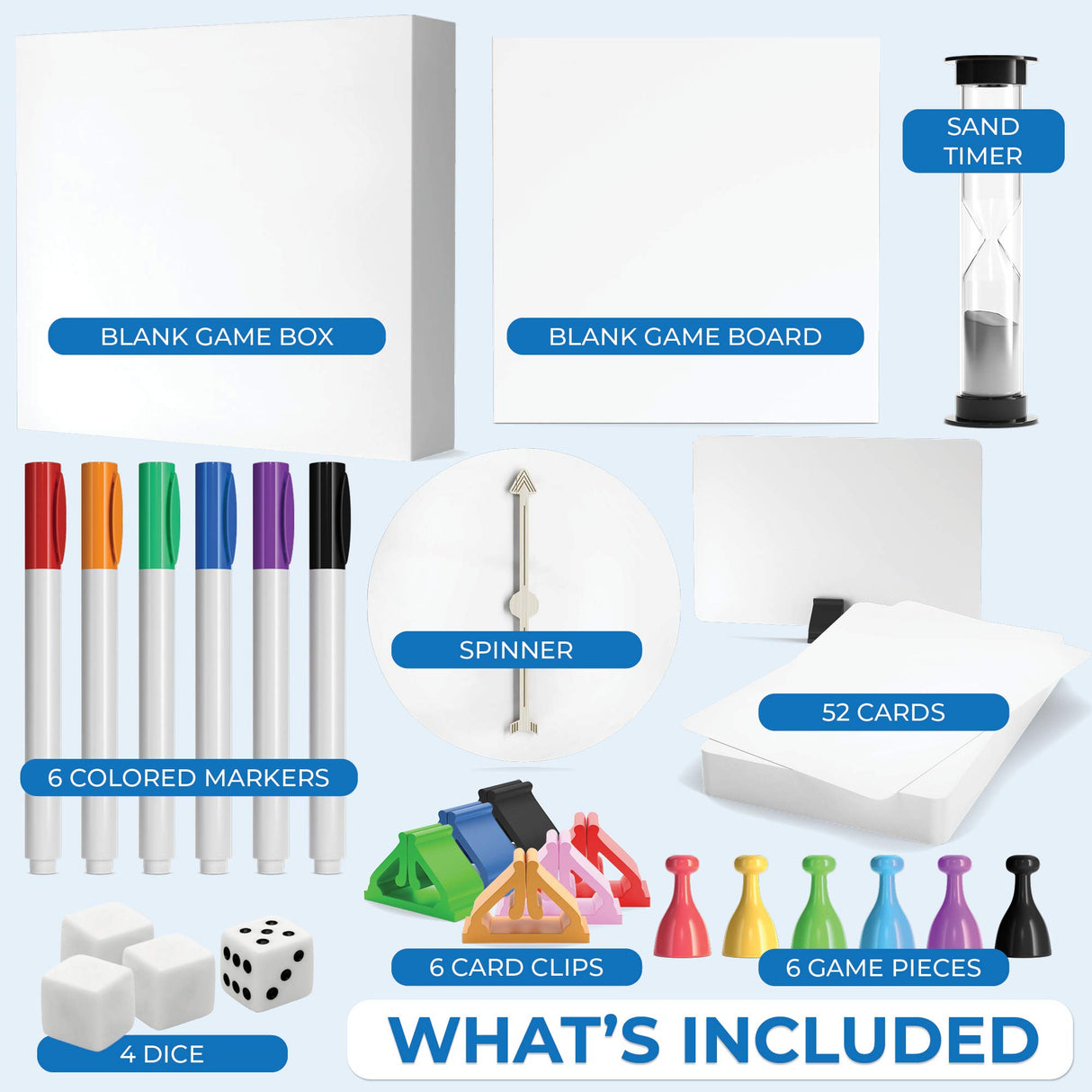 KEFF Make Your Own Board Game Set - DIY Blank Game Board Kit with Game Pieces, Blank Cards, Dice, Spinner, Pawns & More - Fun Family Board Games for Kids & Adults KEFF