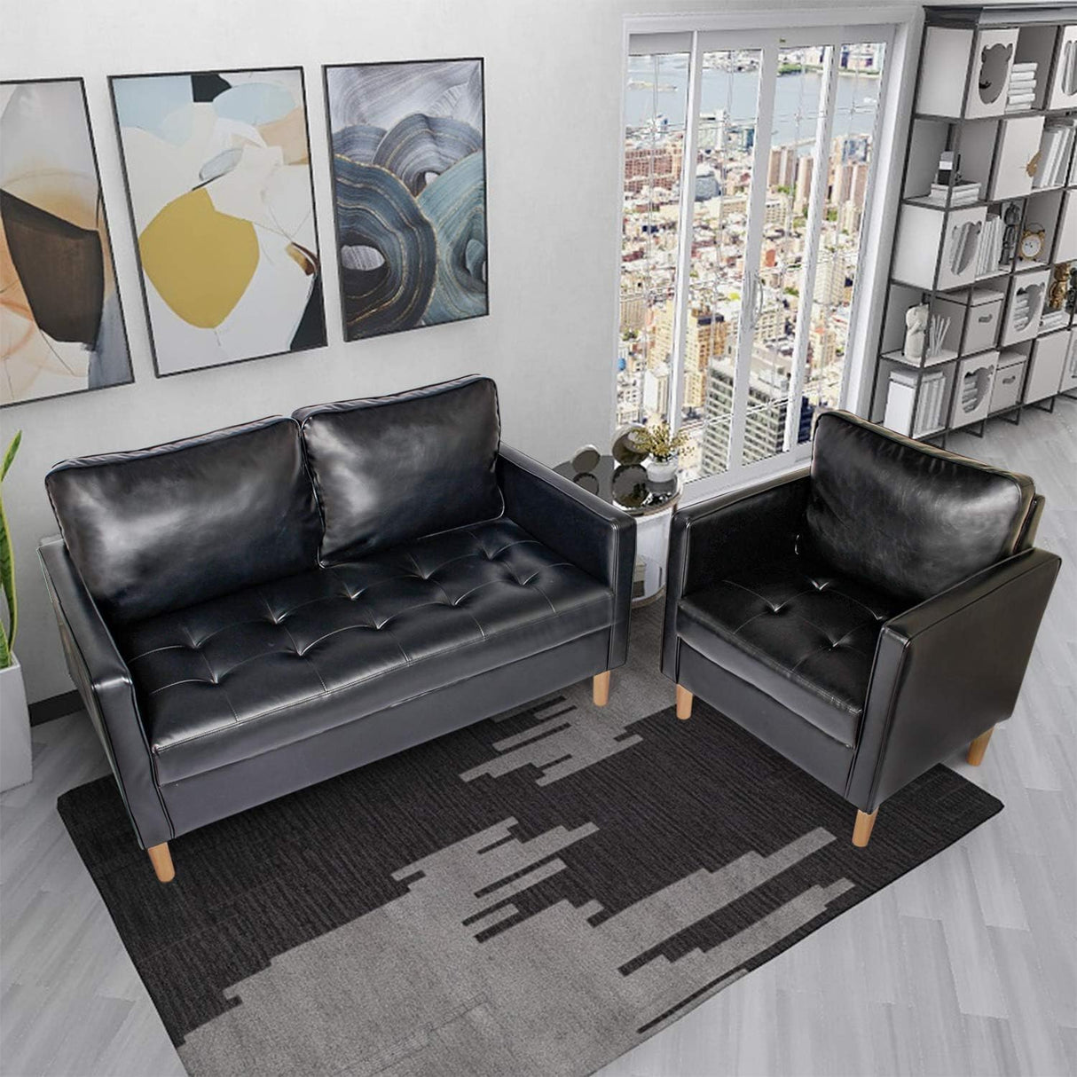 VAMEPOLE Sectional Sofa Couch 2 Pic, Black Leather Loveseat and Accent Chair for Living Room, Stitching Tufted Comfortable Love Seat for Small Space, Office, Meeting Room, Living Room Furniture Sets VAMEPOLE