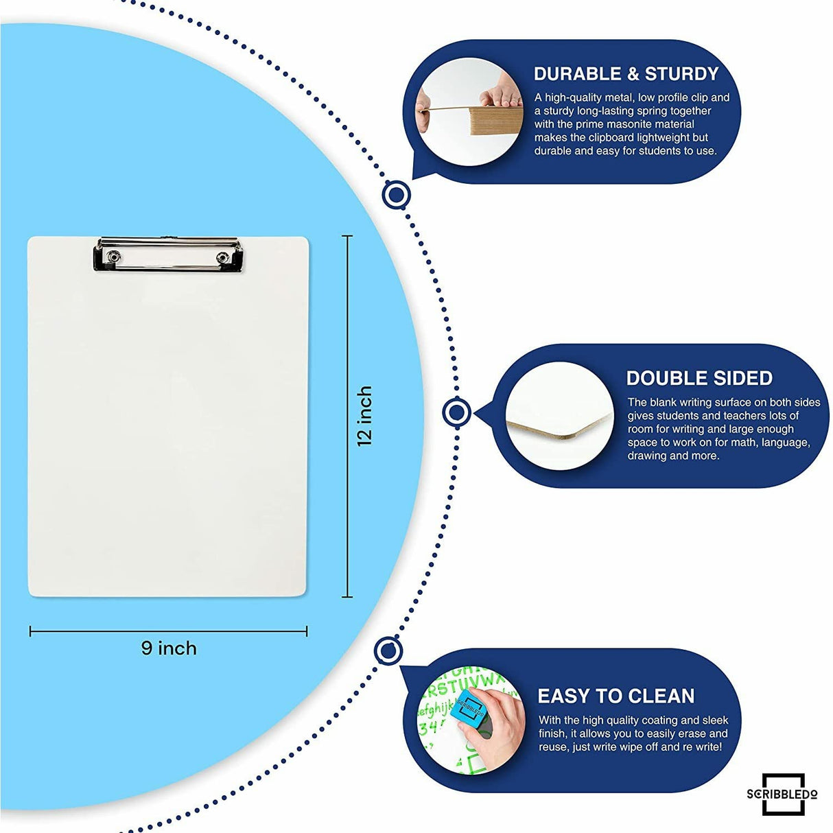SCRIBBLEDO 30 Pack Double Sided Dry Erase Clipboards 9"x12" Durable Clipboards Bulk with 30 Dry Erase Erasers, Dry Erase Clipboard with Low Profile Clip for School, Classroom and Home Use Scribbledo