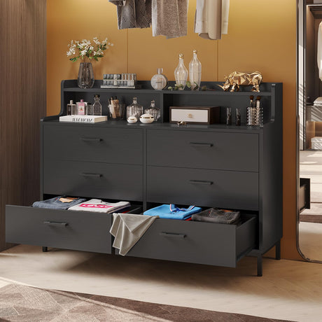 Hasuit 6 Drawers Double Dresser with Shelves, Large Wooden Storage Tower Organizer, Wide Chest of Drawers, Black Dresser for Bedroom, Living Room, Hasuit