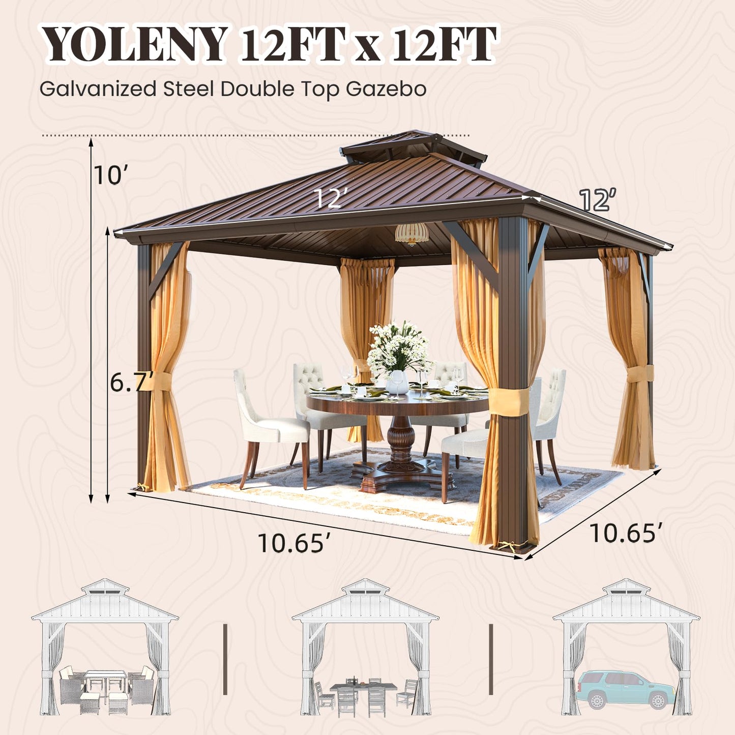 YOLENY 12' x 12' Hardtop Gazebo, Metal Gazebos with Aluminum Frame, Double Galvanized Steel Roof, Curtains and Netting Included, Pergolas for Patios, Garden, Parties, Lawns