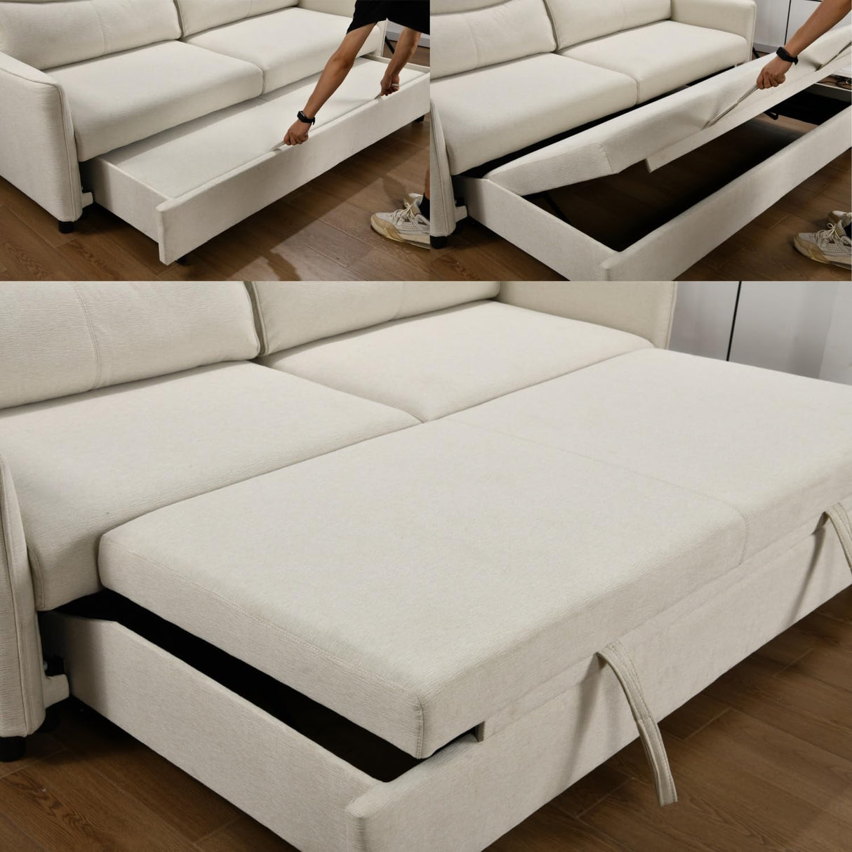 THSUPER 87-Inch King Size Convertible Sleeper Sofa Bed, Comfortable Pull-Out Futon Loveseat for RV Small Spaces, Hide-A-Bed Fold Out Couch - Beige THSUPER