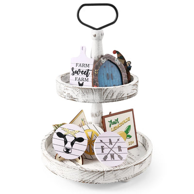 ASMPCUE 2 Tiered Tray Stand, Farmhouse Tiered Tray Stand with Metal Handle for Home Kitchen Decor, Wooden Rustic Two Tiered Serving Tray Coffee Table Tray for Holiday, Tray ONLY(Distressed White)