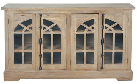 Sunset Trading Cottage Arched Glass Door Credenza Solid Wood Display Cabinet | Fully Assembled Sideboard Buffet Server, 63" Wide, Distressed Sunset Trading