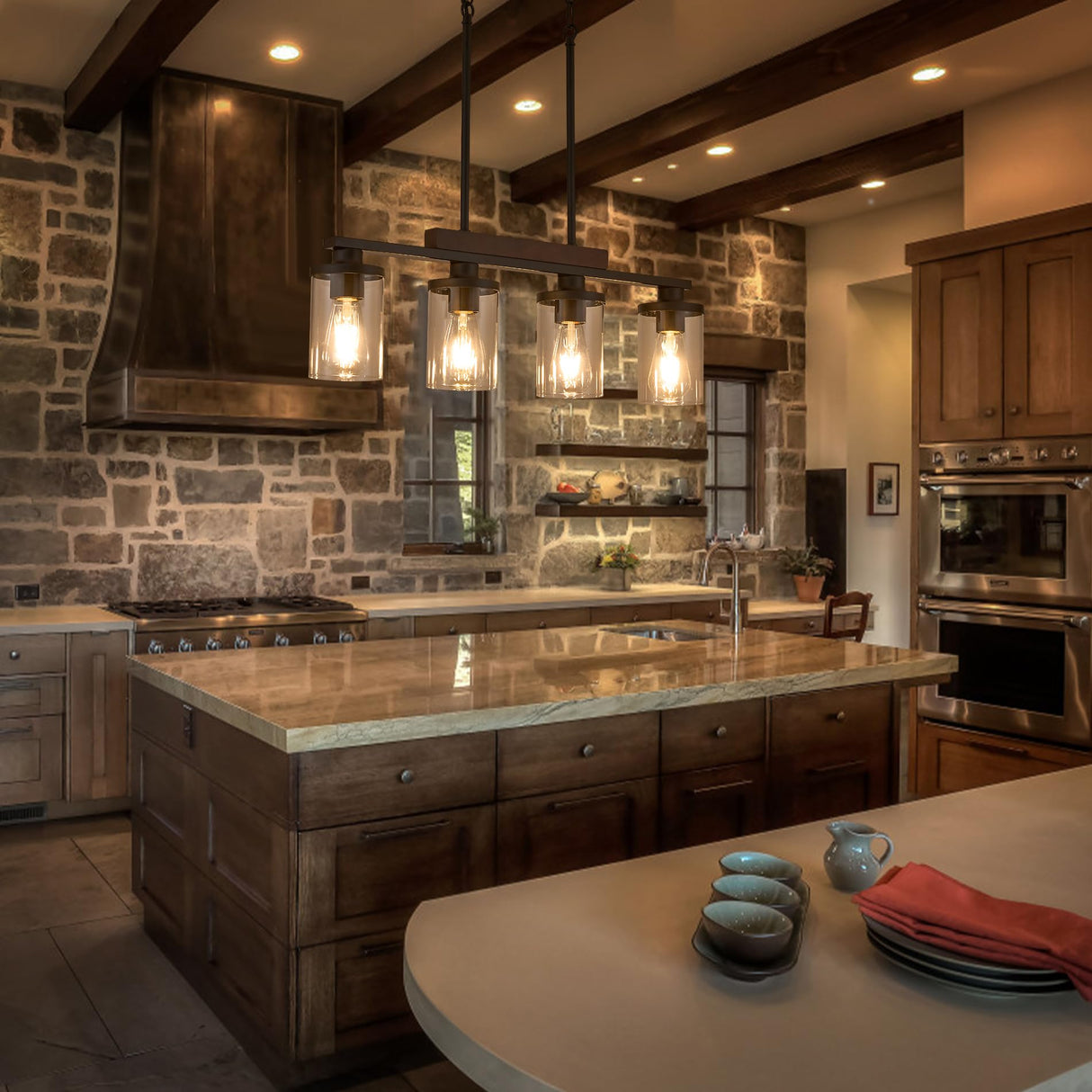 Wood Kitchen Island Lighting,4-Light Farmhouse Dining Room Light Fixture Matte Black Modern Chandeliers for Dining Room Over Table Hanging Pendant Light with Glass Shade for Bar Restaurant TWIG