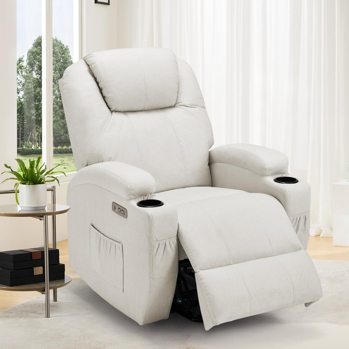 Esright Power Lift Recliner Chair for Elderly, Electric Lift Chair Sofa with Side Pockets, USB & Type-C Ports, Cup Holders, Beige, Fabric Esright