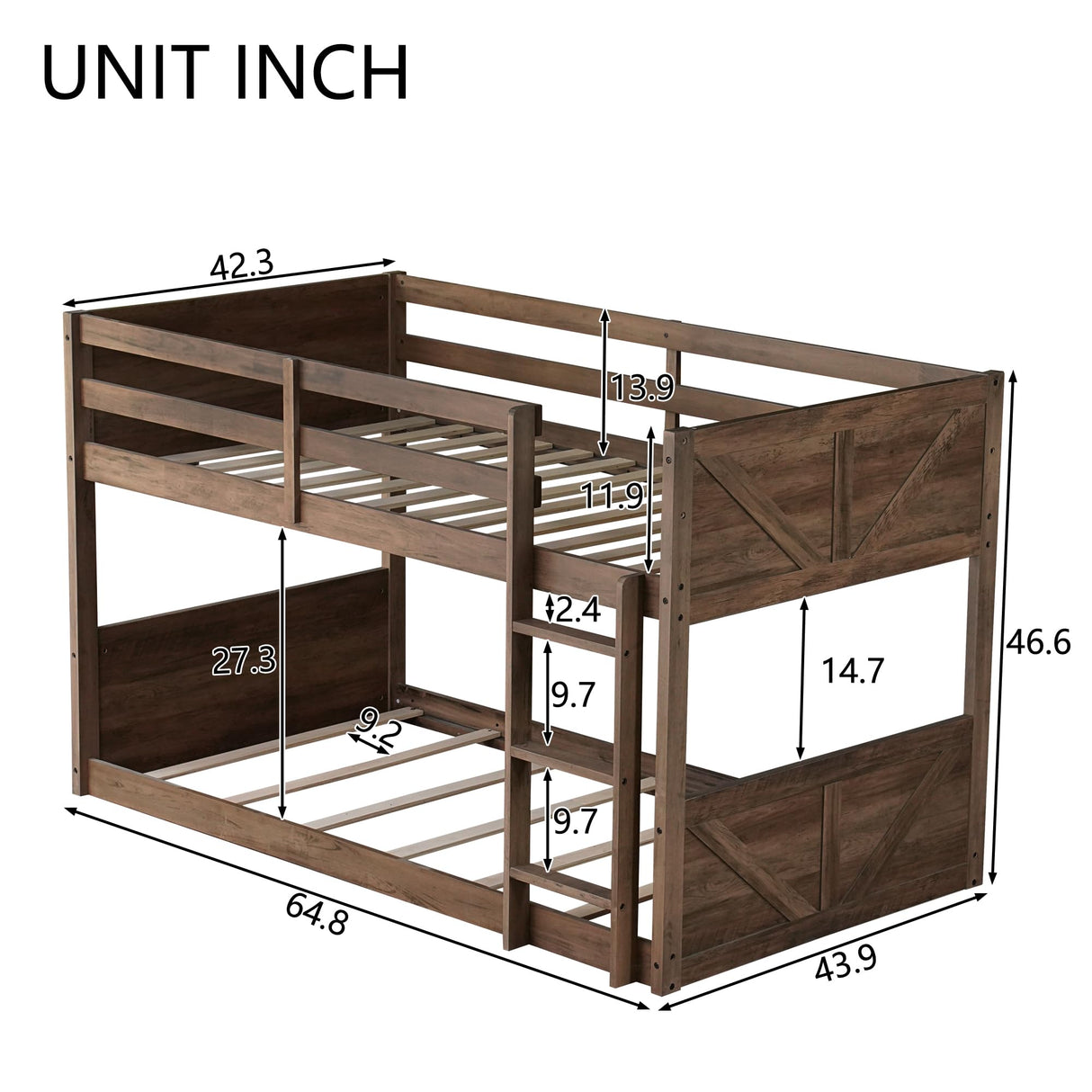 jurmiture Bunk Bed Twin Over Twin Low Bunk Bed, Floor Bunkbeds with Panelled Headboard and Footboard, Solid Rubber Wood Foundation with Safety Guardrails, Built-in Ladder, Antique Oak jurmiture