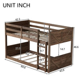 jurmiture Bunk Bed Twin Over Twin Low Bunk Bed, Floor Bunkbeds with Panelled Headboard and Footboard, Solid Rubber Wood Foundation with Safety Guardrails, Built-in Ladder, Antique Oak jurmiture