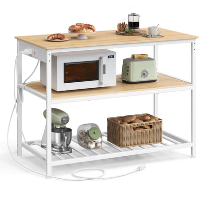 VASAGLE Kitchen Island with 3 Shelves, 47.2 Inches Width Kitchen Shelf with Power Strip, Large Worktop, Stable Steel Structure, Industrial, Easy to Assemble, Golden Oak and White UKKI101Y01