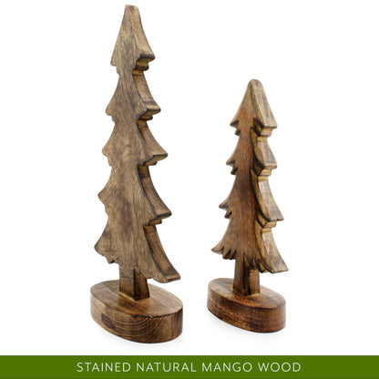 AuldHome Wooden Christmas Trees (Set of 2, Natural); Tabletop Handmade Wood Trees with Rectangular Base for Holiday Home Decor