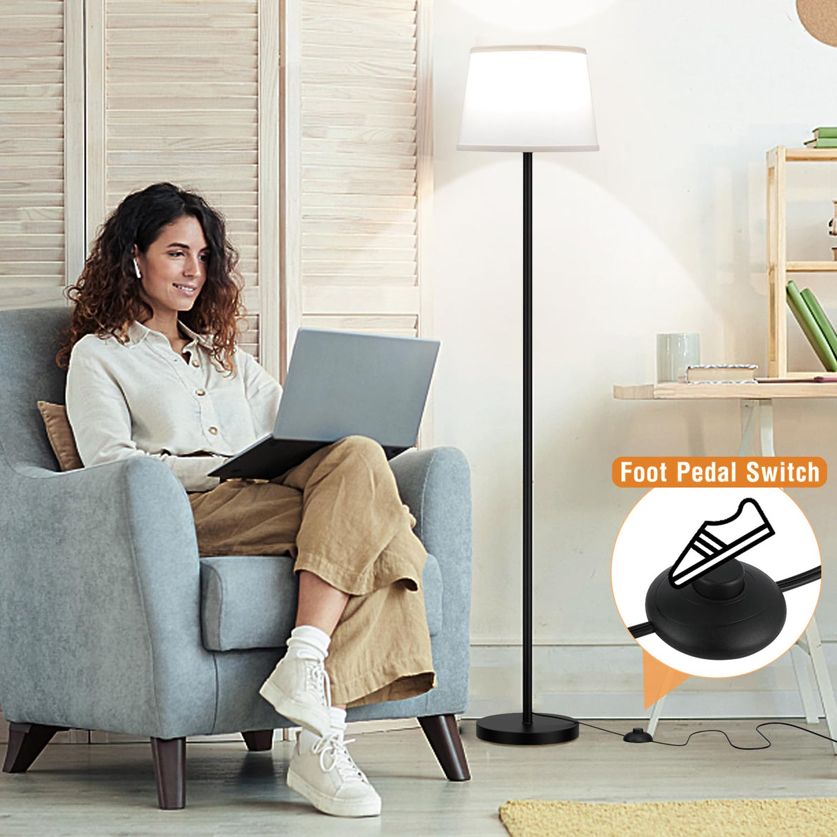 Raexpectis Modern Floor Lamp with Adjustable Brightness, Remote Control, Black, LED Bulbs, White Shade, Foot Switch, Easy Assembly Raexpectis