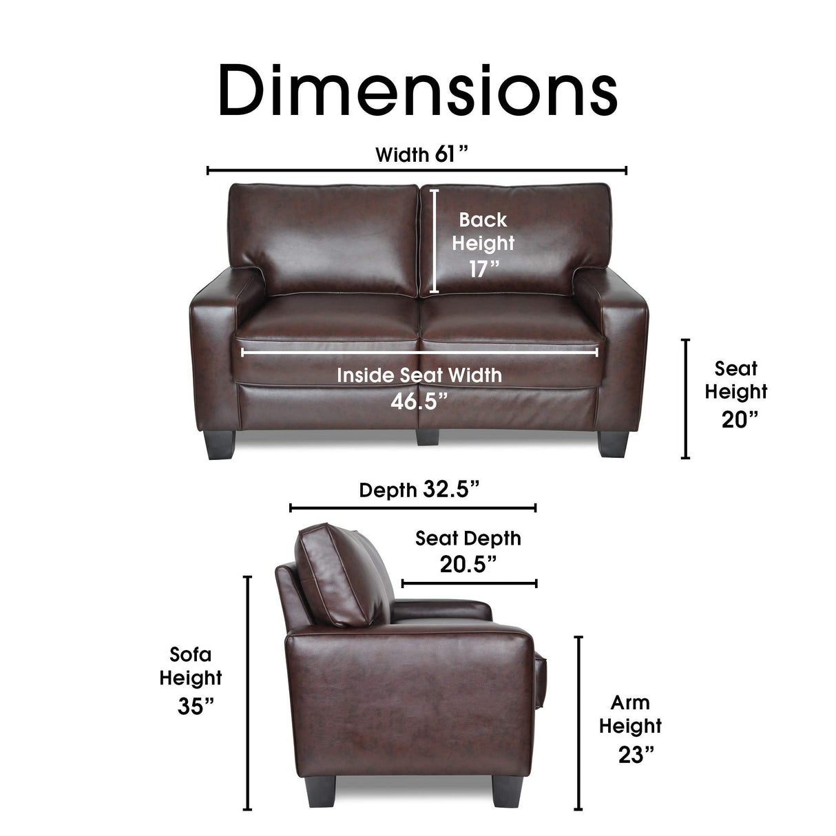 Serta Palisades 61" Track Arm Sofa, Durable Bonded Leather, Soft Pillow Back, Pocket Coil Seat Cushions, Loveseat or Couch for Small Spaces, Living Rooms or Bedrooms, Chestnut Brown Serta