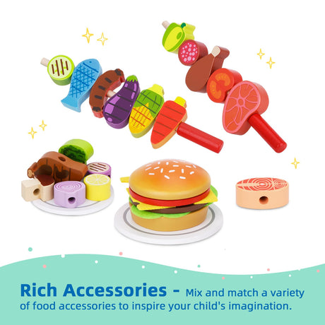 OOOK Wooden Play Barbecue Toy Grill, Kids Grill Playset with Play Food and Grilling Tools, Play Kitchen Accessories for Toddlers Boys Girls Age 3+ OOOK